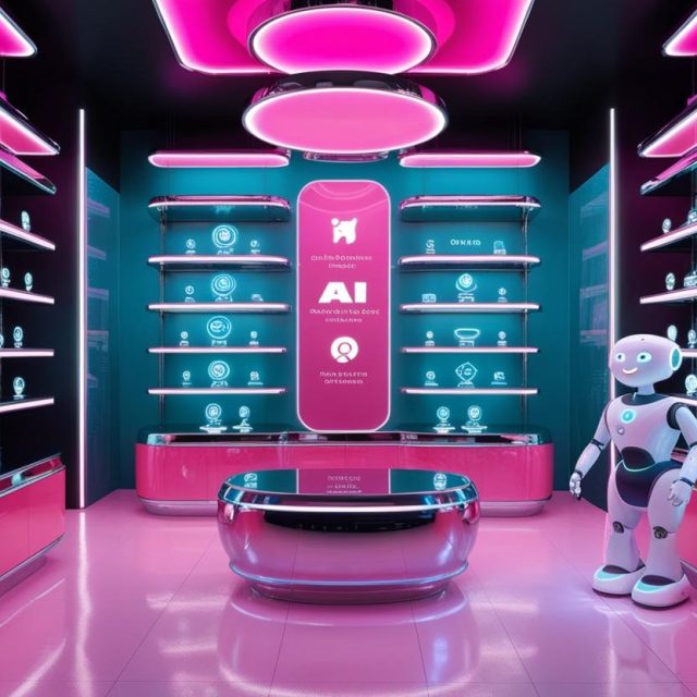 _modern AI store A large, futuristic store with glowing neon lights, holographic displays, and floating shelves displaying different AI tools and icons._Icons of popular AI tools like ChatGPT,grammarly,copy.ai in st