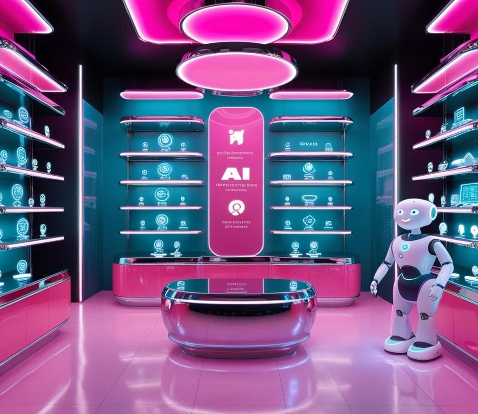 _modern AI store A large, futuristic store with glowing neon lights, holographic displays, and floating shelves displaying different AI tools and icons._Icons of popular AI tools like ChatGPT,grammarly,copy.ai in st