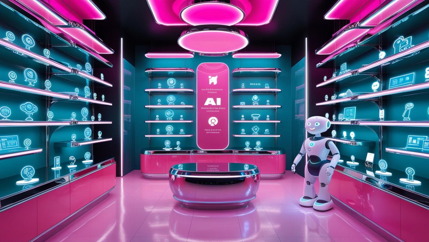 _modern AI store A large, futuristic store with glowing neon lights, holographic displays, and floating shelves displaying different AI tools and icons._Icons of popular AI tools like ChatGPT,grammarly,copy.ai in st